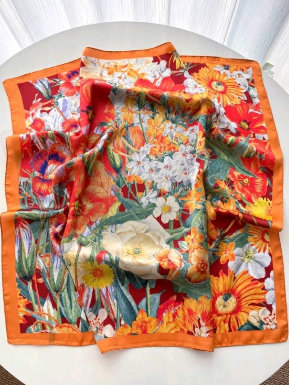 Vibrant Orange Floral Satin Sleek Scarf Summer Festive